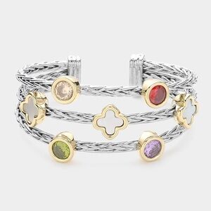 Multi Stone Quatrefoil Two Tone Cuff  Bracelet
